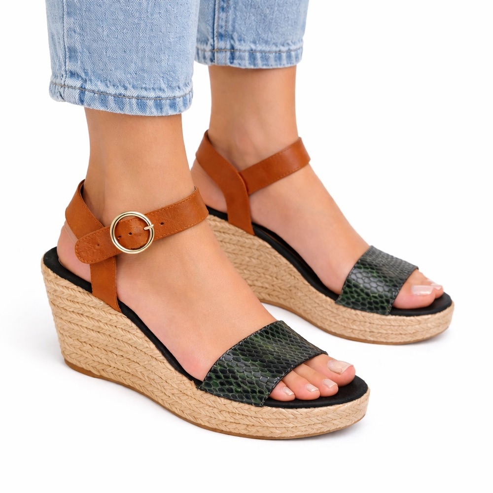 Kanna Brown and Blue and Green snakeskin Wedge Espadrille Sandals made in Spain